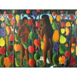 Felix Brioche (1937- ) Haitian. Adam and Eve in the Garden, with the Serpent, Oil on Board,