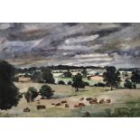 Denis William Reed (1917-1979) British. Cattle Resting in a Field with an Extensive Landscape