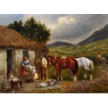 Allessandro Castelli (1809-1902) Italian. Figures, Horses and Ducks by a Thatched Cottage, Oil on