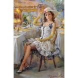 Konstantin Razumov (1974- ) Russian. "Young Girl in White Sitting in a Caf", Oil on Canvas, Signed