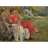 Vladimir Alexandrovitch Gornenko (1936- ) Russian. "In the Garden", a Lady Dressed in Red, sitting