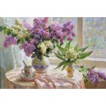 20th Century Russian School. Still Life of Flowers in Vases on a Side Table, with a Cup and