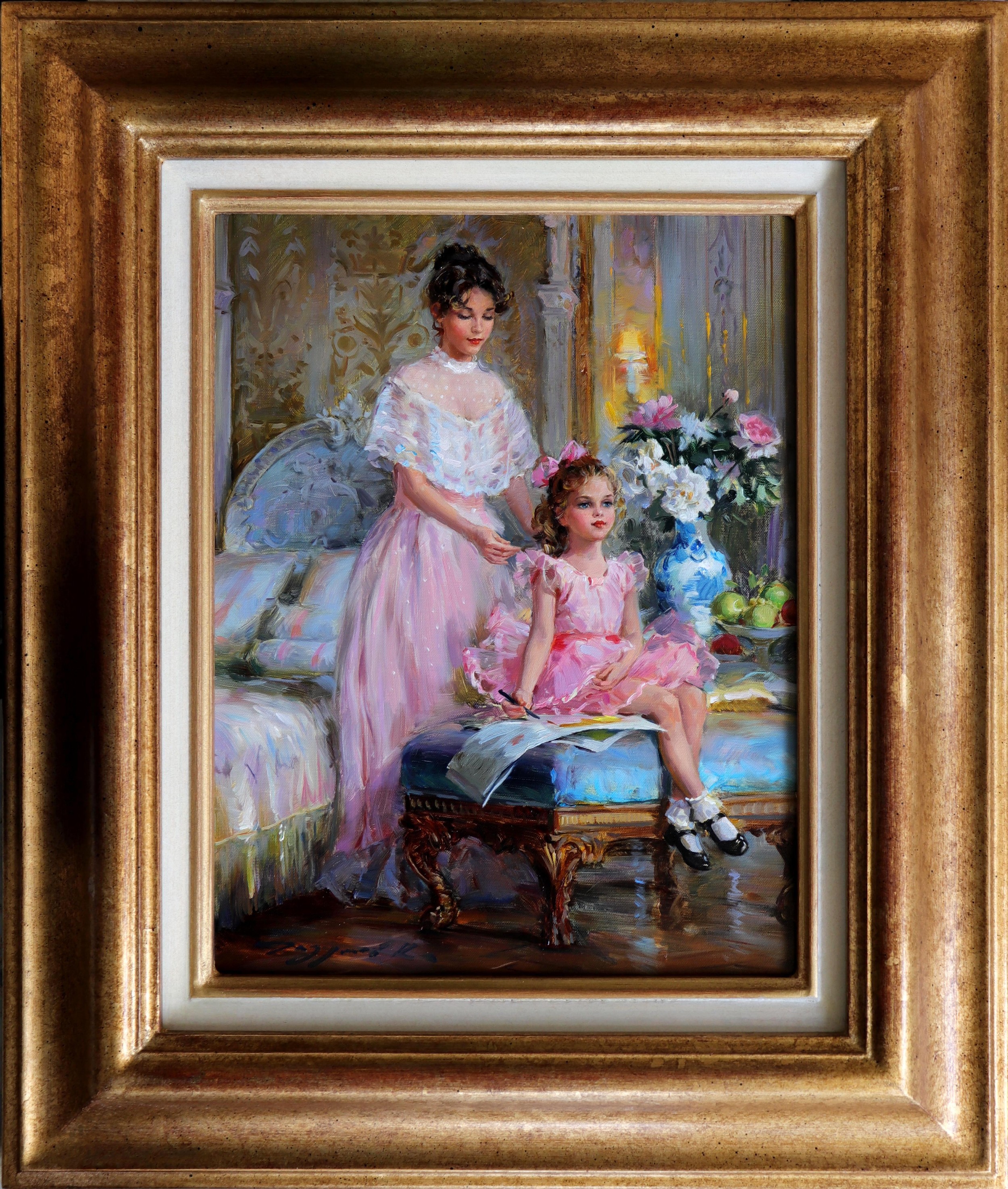Konstantin Razumov (1974- ) Russian. "In the Bedroom", An Elegant Woman with a Young Girl writing, - Image 2 of 4