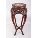 A GOOD 19TH CENTURY CHINESE HARDWOOD & MARBLE TOP PLANTER / STAND, the apron carved and pierced in