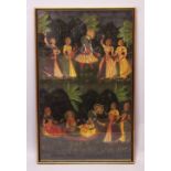 A 19TH-20TH CENTURY FRAMED INDIAN PAINTING ON TEXTILE depicting two blue skin gods wearing jewels,
