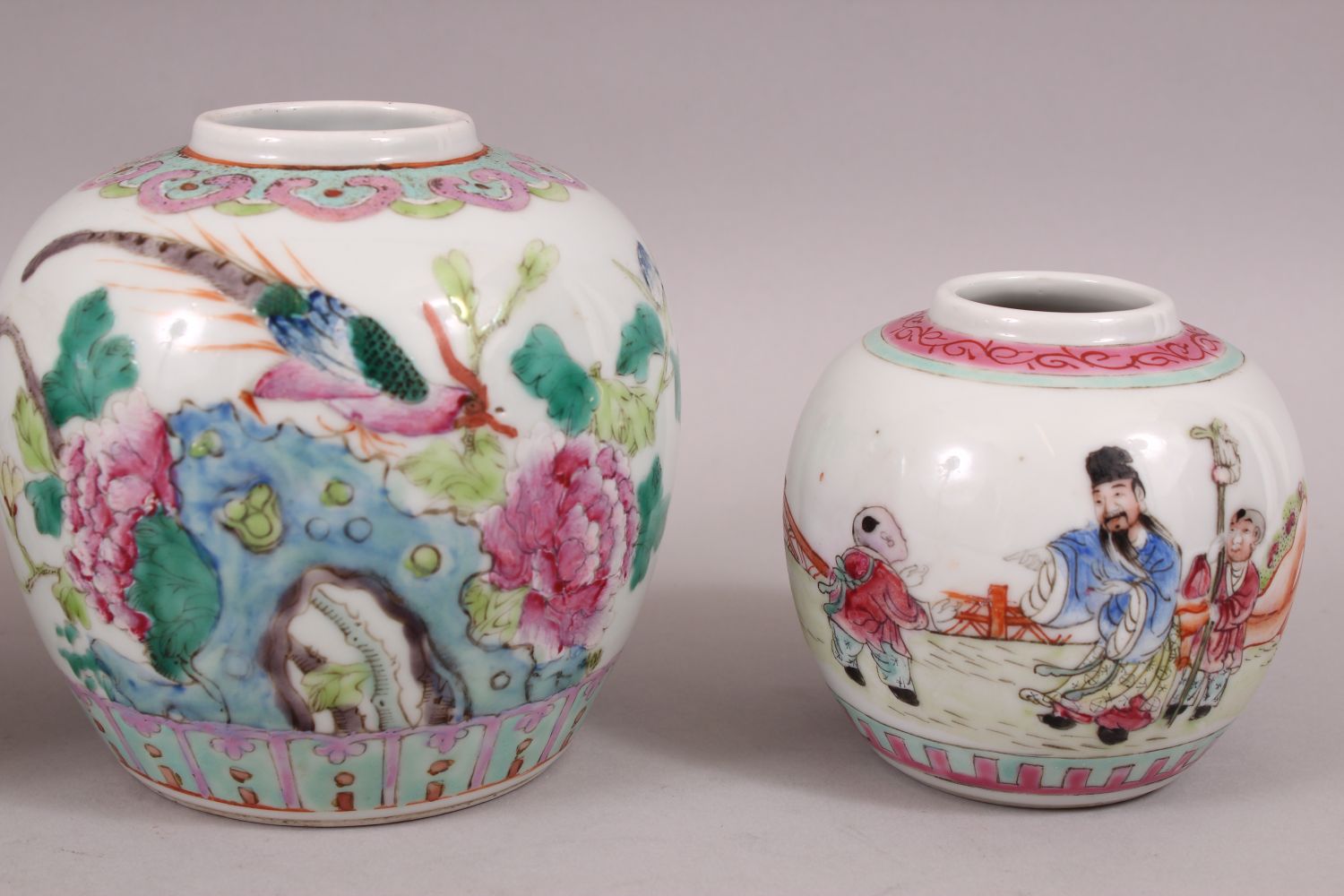 FOUR 19TH / 20TH CENTURY CHINESE FAMILLE ROSE PORCELAIN GINGER JARS, each decorated with scenes of - Image 3 of 7