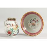 A 19TH CENTURY CHINESE FAMILLE ROSE BOWL, 4.5ins and a 19TH CENTURY SPARROW BEAK JUG.