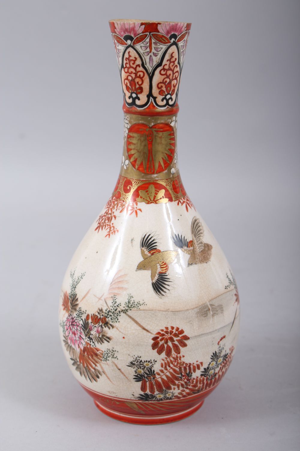 A JAPANESE MEIJI PERIOD KUTANI PORCELAIN BOTTLE VASE, the orange & white crackleglaze ground with - Image 3 of 7