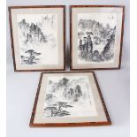 A SET OF THREE 19TH CENTURY CHINESE FRAMED WATERCOLOURS, each depicting a tranquil landscape