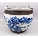 A GOOD 19TH CENTURY CHINESE BLUE & WHITE PORCELAIN FISH BOWL / JARDINIERE, the body decorated with