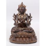 A GOOD AND HEAVY CHINESE BRONZE & INLAID BUDDHA / DEITY, the buddha in a seated position in a