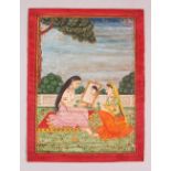 A GOOD 19TH CENTURY INDIAN EROTIC MINIATURE MUGHAL ART HAND PAINTED PICTURE, the picture depicting