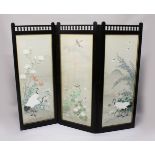 A GOOD QUALITY JAPANESE MEIJI PERIOD PAINTED SILK THREE FOLD SCREEN, the hardwood frame with