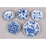 5 CHINESE KANGXI BLUE & WHITE PORCELAIN SAUCERS, each decorated with varying scenes of figures in