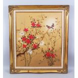 A 20TH CENTURY CHINESE OIL ON CANVAS PAINTING OF BIRDS IN TREES, housed within a moulded gilt frame,