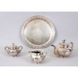 A GOOD 19TH CENTURY CHINESE SOLID SILVER THREE PIECE TEA SET AND TRAY BY ZEEWO, the three vessels