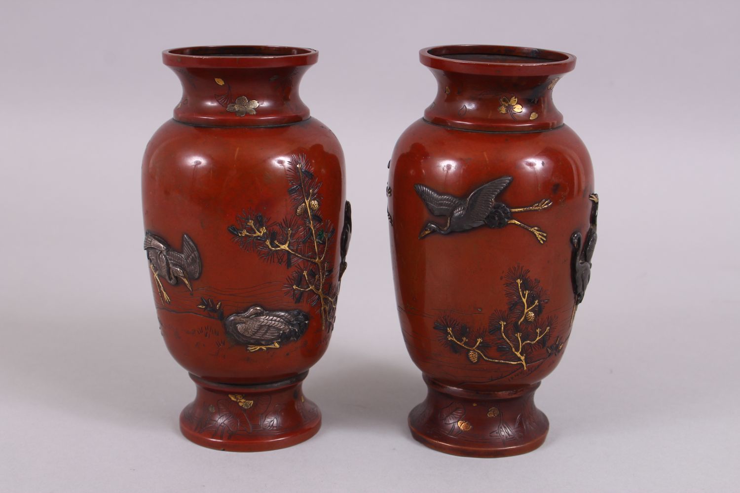 A GOOD PAIRT OF JAPANESE MEIJI PERIOD BRONZE & MIXED METAL ONLAID VASES, depicting scenes of - Image 2 of 7