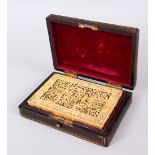A BEAUTIFUL 19TH CENTURY CHINESE CARVED IVORY CANTON CARD CASE & ORIGINAL LACQUER BOX, the card case