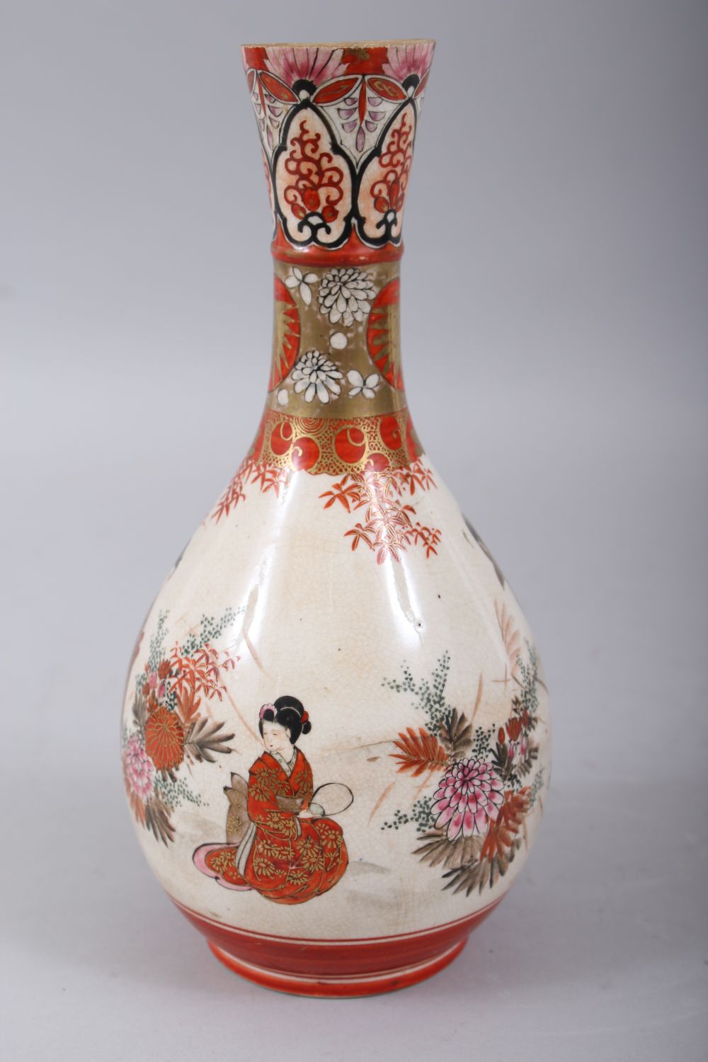 A JAPANESE MEIJI PERIOD KUTANI PORCELAIN BOTTLE VASE, the orange & white crackleglaze ground with - Image 4 of 7