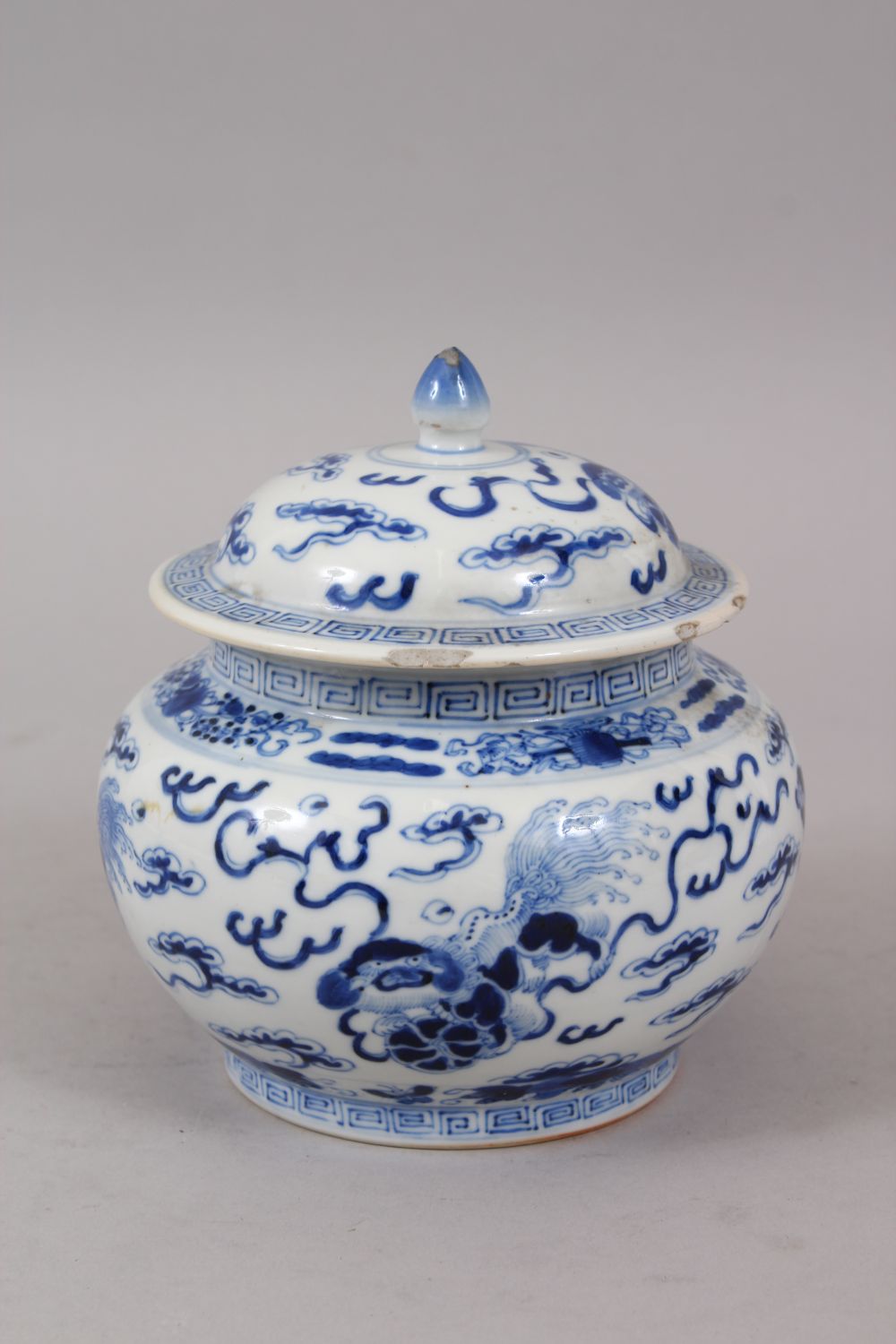 A 19TH CENTURY CHINESE BLUE & WHITE JAR AND COVER, decorated with scenes of lion dogs amongst - Image 2 of 8