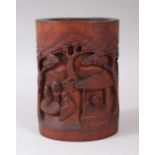 A 19TH / 20TH CENTURY CHINESE BAMBOO CARVED BRUSH POT, with carved relief depicting scenes of