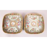 A PAIR OF 19TH CENTURY CHINESE CANTON FAMILLE ROSE PORCELAIN DISHES, the square form dishes with