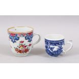 TWO 18TH CENTURY CHINESE FAMILLE ROSE / BLUE & WHITE PORCELAIN COFFEE CUPS, one decorated with