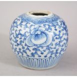 A 19TH CENTURY CHINESE BLUE & WHITE PORCELAIN GINGER JAR, decorated with floral scenes, the base