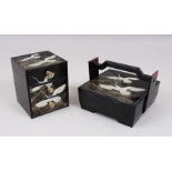 TWO JAPANESE TAISHO/ SHOWA PERIOD LACQUER MINIATURE DRAWERS AND BOX, the set of drawers with three