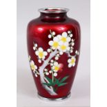 A GOOD JAPANESE TAISHO /SHOWA PERIOD GINBARI CLOISONNE VASE,the red ground body with cherry