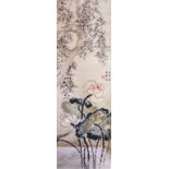A 20TH CENTURY CHINESE HAND PAINITED ON PAPER HANGING SCROLL, depicting an impression of floral