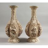 AN UNUSUAL PAIR OF 19TH CENTURY WHITE CINNABAR LACQUER HEXAGONAL BULBOUS VASES. 12ins high.