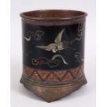 A 19TH CENTURY JAPANESE CLOSIONNE CYLINDRICAL BRUSH WASHER, the decoration of four flying cranes