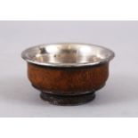 A SMALL 19TH CENTURY CHINESE SOLID SILVER & JICHIMU WOOD MAZER BOWL, the silver with a makers