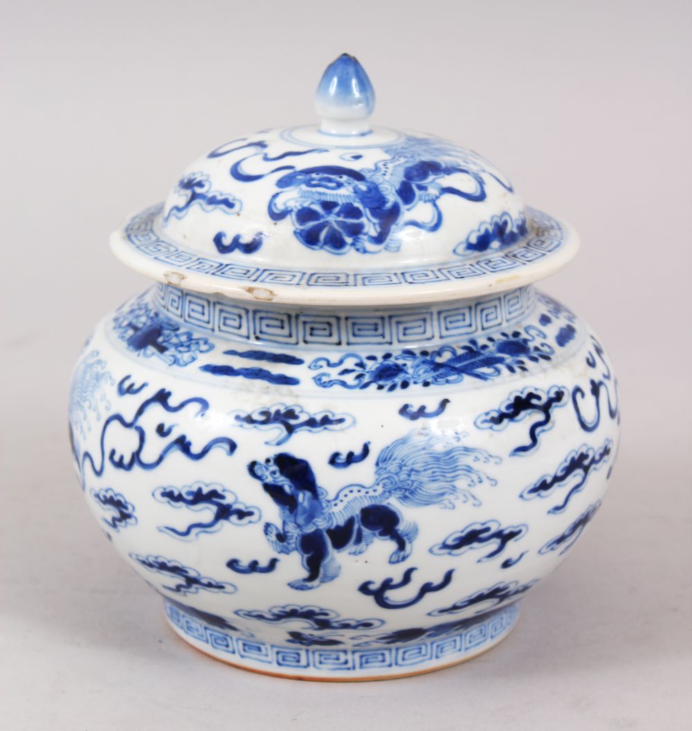 A 19TH CENTURY CHINESE BLUE & WHITE JAR AND COVER, decorated with scenes of lion dogs amongst