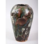 A JAPANESE LATE MEIJI / TAISHO PERIOD STUDIO POTTERY GRIP GLAZED VASE WITH LACQUER DECORATION, the