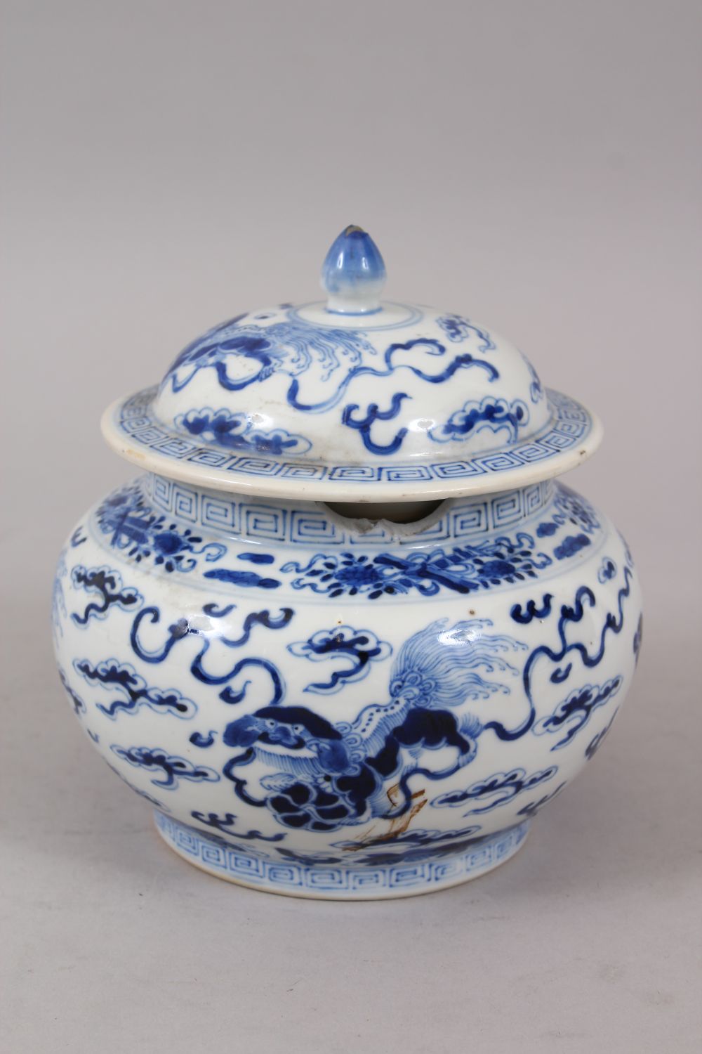 A 19TH CENTURY CHINESE BLUE & WHITE JAR AND COVER, decorated with scenes of lion dogs amongst - Image 4 of 8