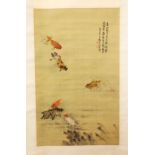 A GOOD 19TH / 20TH CENTURY CHINESE PAINTED TEXTILE / SILK OF GOLD FISH, the painting depicting six