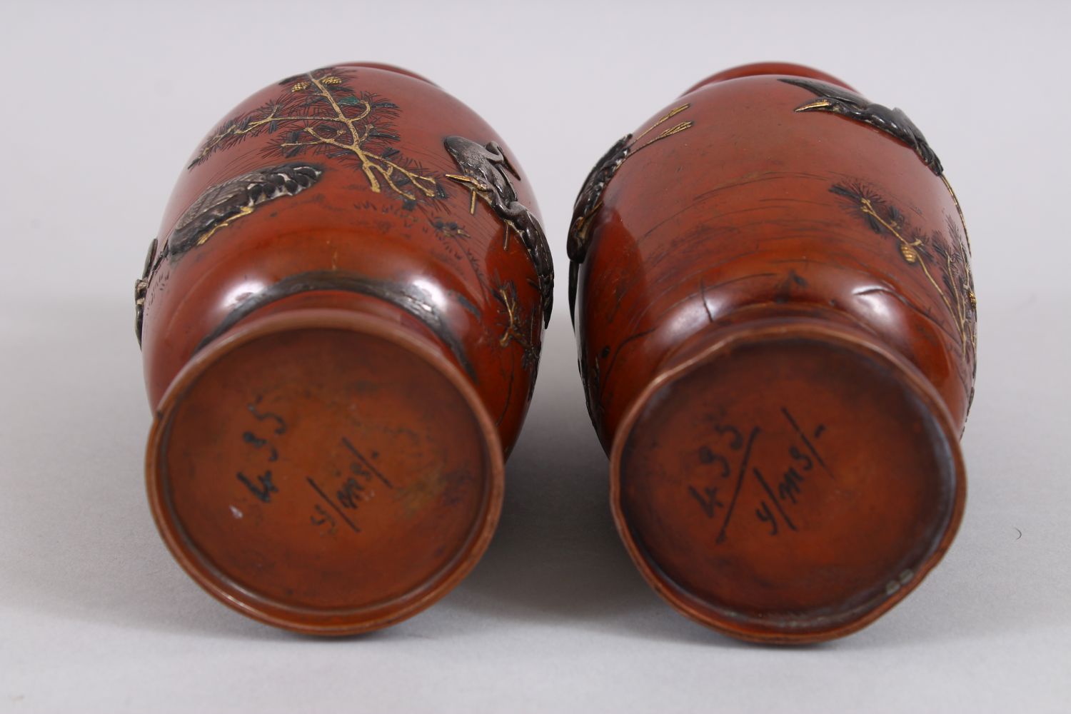 A GOOD PAIRT OF JAPANESE MEIJI PERIOD BRONZE & MIXED METAL ONLAID VASES, depicting scenes of - Image 7 of 7