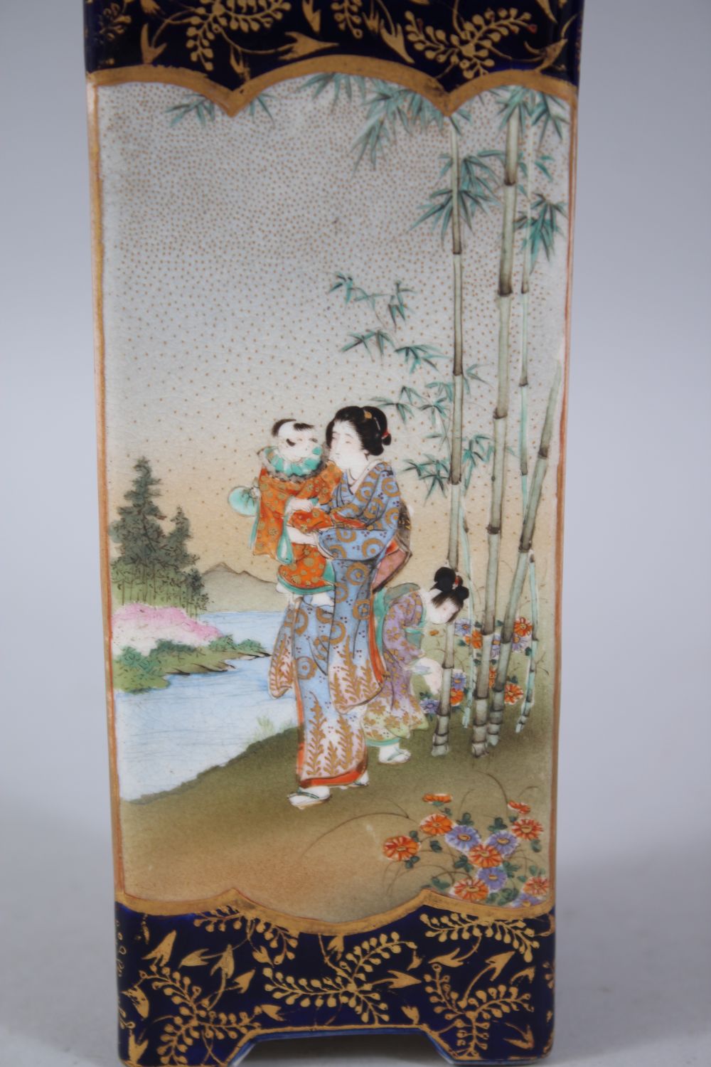 A GOOD JAPANESE MEIJI PERIOD SATSUMA TRIANGULAR VASE, painted with panels of geisha and children - Image 2 of 5