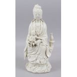 A GOOD CHINESE KANGXI STYLE BLANC DE CHINE PORCELAIN FUGURE OF GUANYIN & BABY, the figure