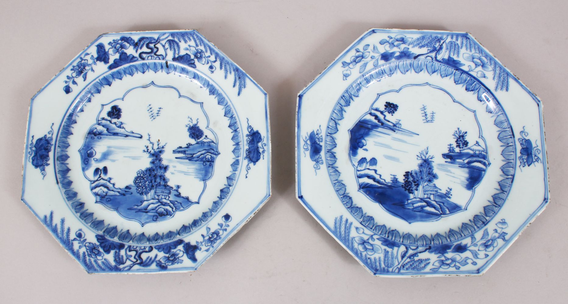 A PAIR OF 18TH CENTURY CHINESE BLUE & WHITE PORCELAIN OCTAGONAL PLATES, both decorated with