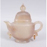 A GOOD CHINESE CARVED WHITE AGATE / HARDSTONE TEA POT / LIDDED POT, the ribbed body with bamboo