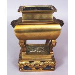 A 19TH/20TH CENTURY CHINESE POLISHED BRONZE CENSER ON STAND, weighing approx. 960gm, the sides of