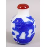 A 19TH / 20TH CENTURY CHINESE BLUE OVERLAY GLASS SNUFF BOTTLE, the white round with blue overlay