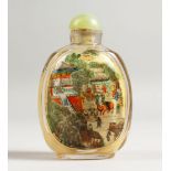 A GOOD SNUFF BOTTLE painted with a boat, buildings and figures, 8.5cm.