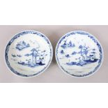 TWO 18TH CENTURY CHINESE BLUE & WHITE PORCELAIN DISHES, both decorated with scenes of temple