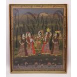 A 19TH-20TH CENTURY FRAMED INDIAN PAINTING ON TEXTILE depicting a prince stood in landscape