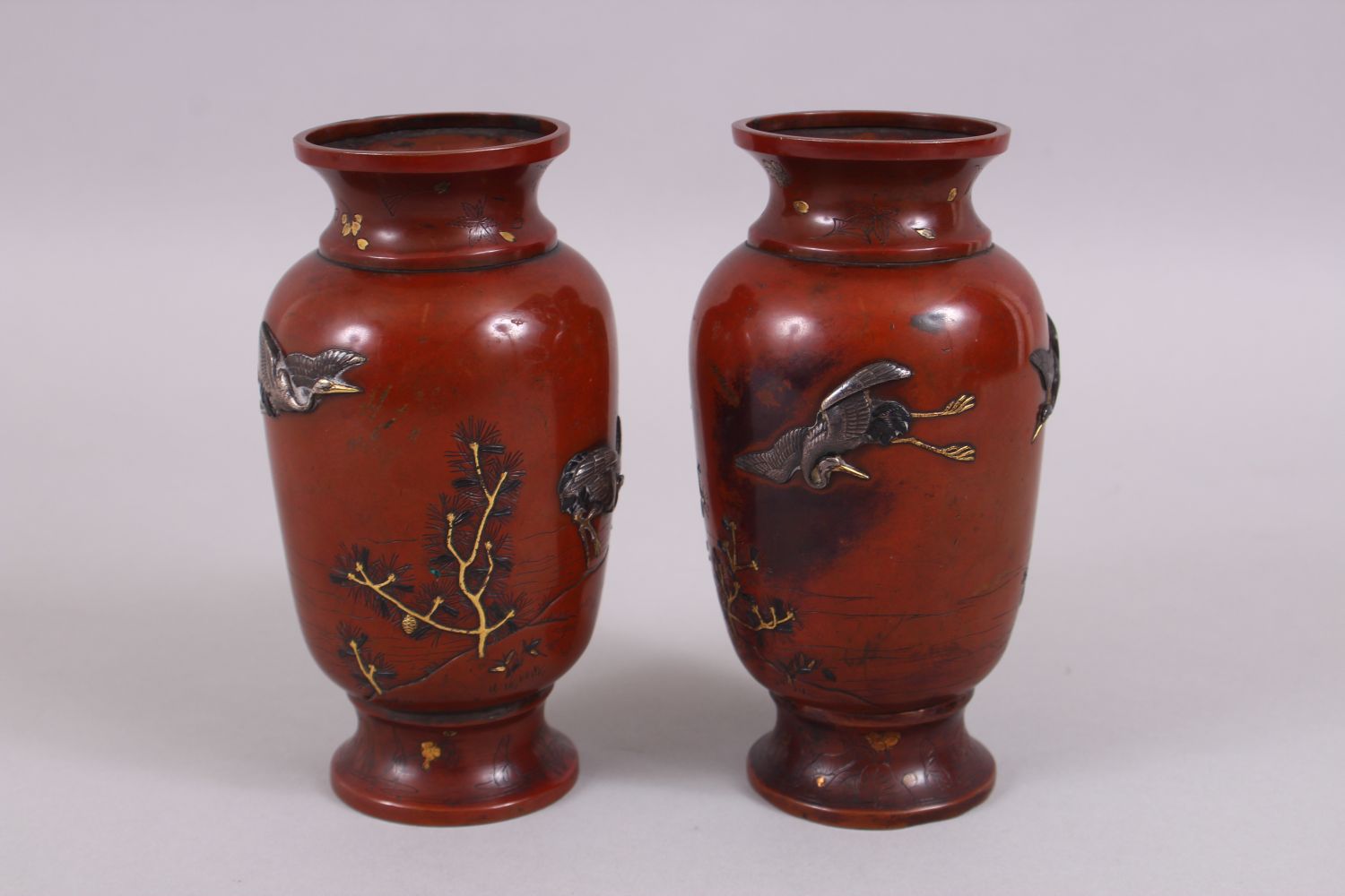 A GOOD PAIRT OF JAPANESE MEIJI PERIOD BRONZE & MIXED METAL ONLAID VASES, depicting scenes of - Image 3 of 7