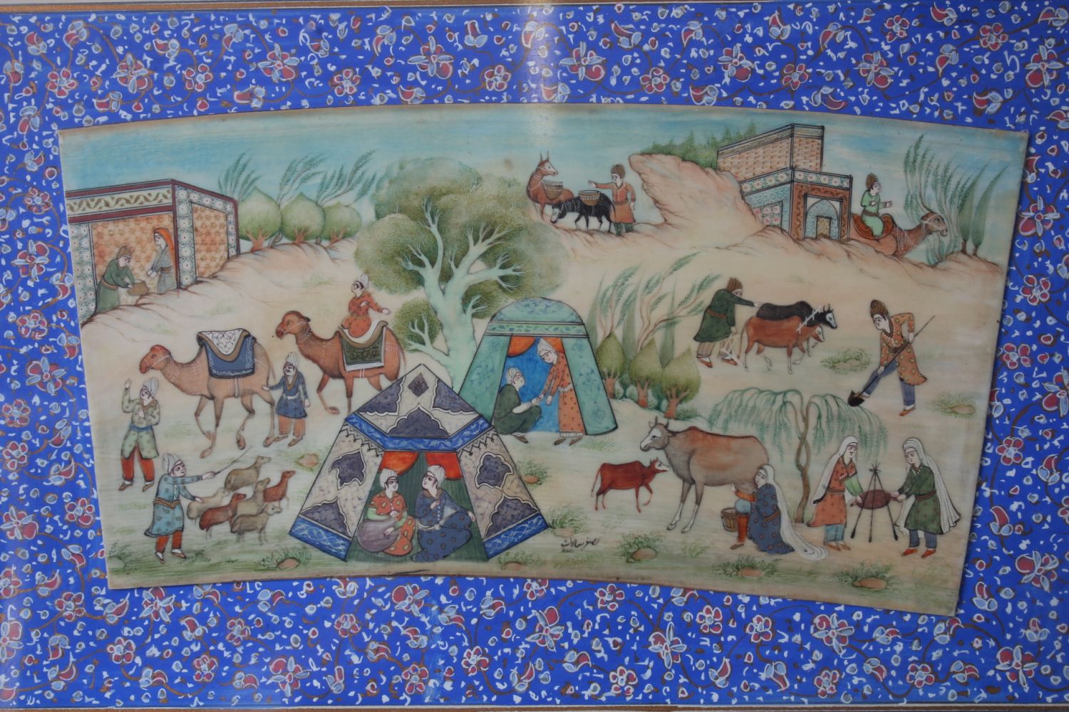 A PERSIAN PAINTING ON IVORY, tents, figures on camels and cows, 10cm x 20cm in a mosaic frame. - Image 2 of 3